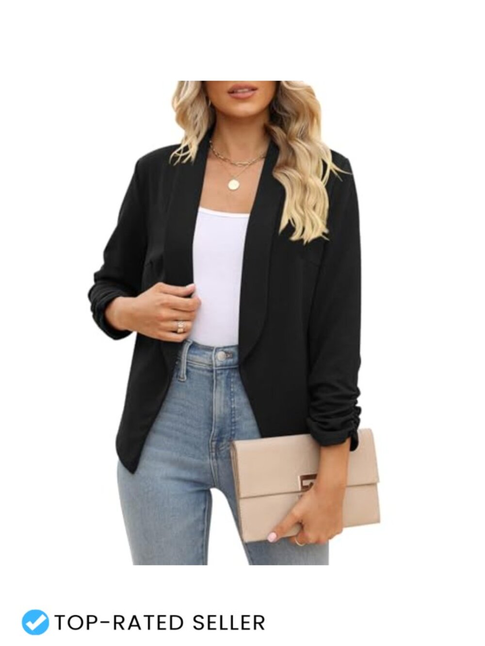 Women's Blazer Business Casual Open Front Ruched 3/4 Sleeve Work Office Suit